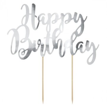 Cake Topper con scritta Happy Birthday colore Argento.