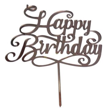 Cake Topper con scritta Happy birthday colore rosa gold.