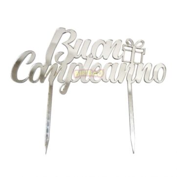 Cake Topper con scritta Buon Compleanno colore Argento.
