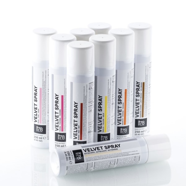 Colorante alimentare spray effetto velluto della Silikomart da 250 ml.