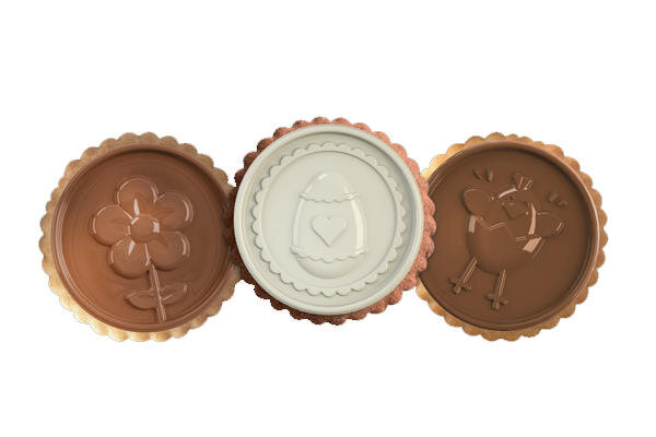 Set Taglia biscotto e tappetino in silicone per cioccolato tema Pasqua realizza 6 biscotti tondi da ร 6,8 h 0,5 cm