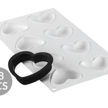 Stampo per dolci in silicone Forma Cuore con anelli microforati KIT TARTE RING AMORE 80X70 MM - SET STAMPO IN SILICONE 65X55 MM + 8 ANELLI