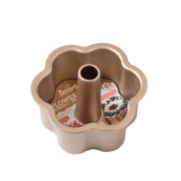 Stampo con doppia base una con tubo per realizzare l’angel food a fiore e l’altra con base piatta per realizzare dolci a fiore. Dimensioni ø 22 x 10 h cm