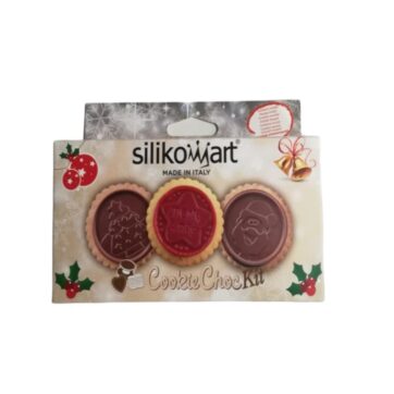Stampo Cookies Slim Christmas Silikomart Set Taglia biscotto e tappetino in silicone per cioccolato tema Natale realizza 6 biscotti tondi da ร 6,8 h 0,5 cm