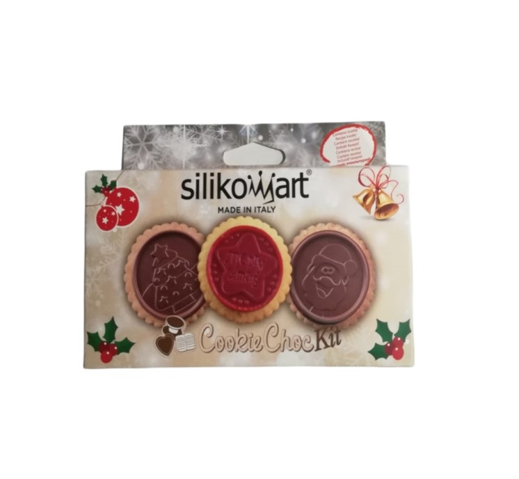 Set Taglia biscotto e tappetino in silicone per cioccolato tema Natale realizza 6 biscotti tondi da ร 6,8 h 0,5 cm
