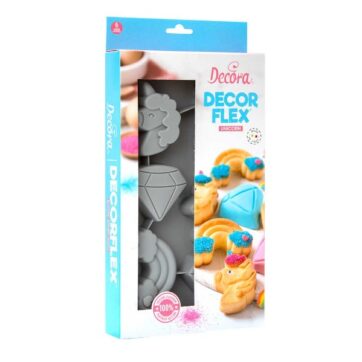 Stampo in silicone con forme Tema Unicorno con 6 cavità Arcobaleno 4,8 x 9,2 x 2,5 h cm. Unicorno 6 x 8,3 x 2,5 h cm. Diamante 7,2 x 6,3 x 2,5 h cm.