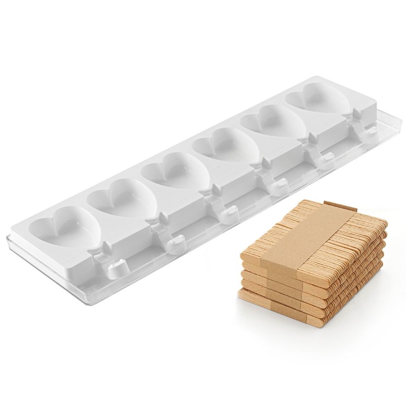 Set Stampo+Vassoio+Stecchi per gelato in silicone mini cuori