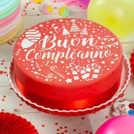 Stencil in plastica per alimenti con scritta Buon Compleanno. Dimensione Ø 25cm