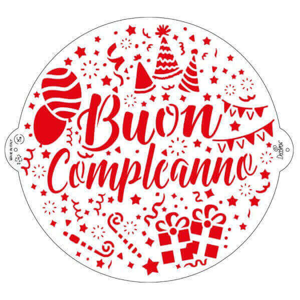 Stencil in plastica per alimenti con scritta Buon Compleanno. Dimensione Ø 25cm