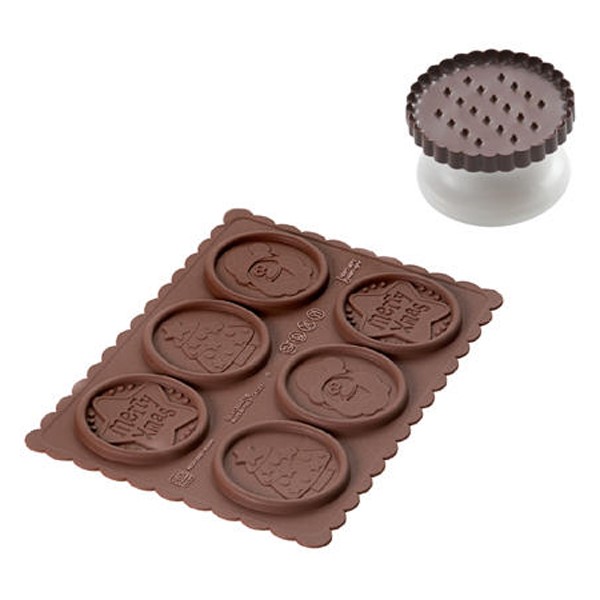 Set Taglia biscotto e tappetino in silicone per cioccolato tema Natale realizza 6 biscotti tondi da ร 6,8 h 0,5 cm
